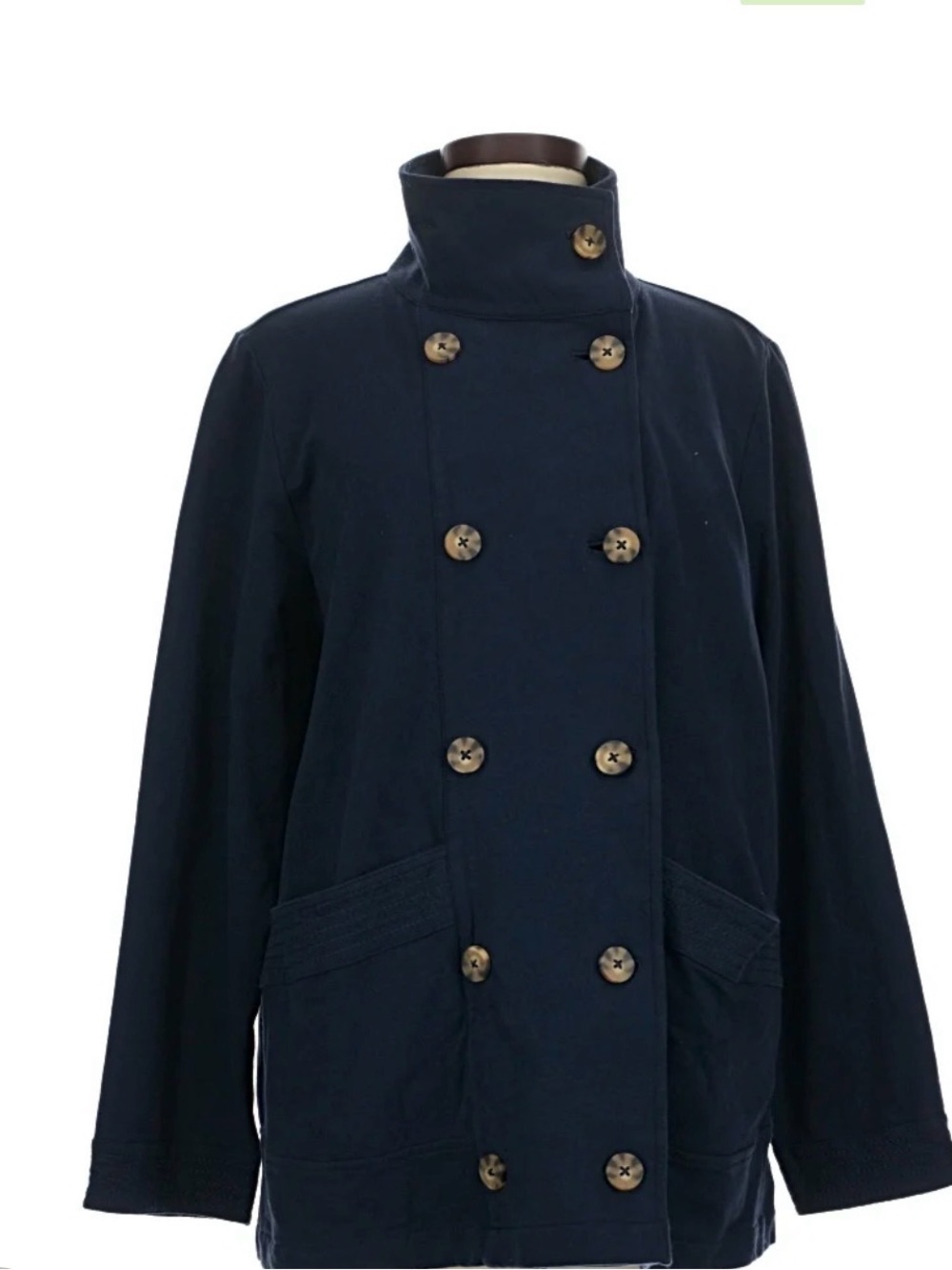 J. Jill Navy Double-Breasted Pea Coat with Wood-Effect Buttons